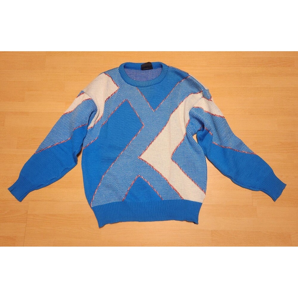 Men's Demetre Medium Blue Wool Crew Neck Long Sleeve Knit Sweater Abstract VTG